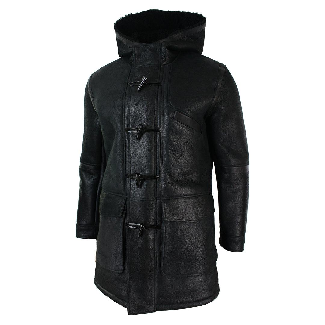 Mens Real Shearling Sheepskin 3/4 Hood Duffle Jacket Black Fur Warm Winter - Knighthood Store