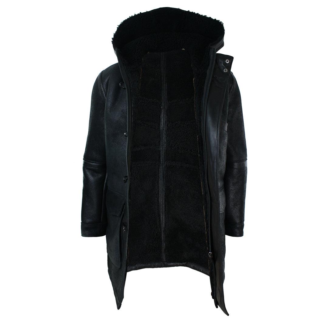 Mens Real Shearling Sheepskin 3/4 Hood Duffle Jacket Black Fur Warm Winter - Knighthood Store