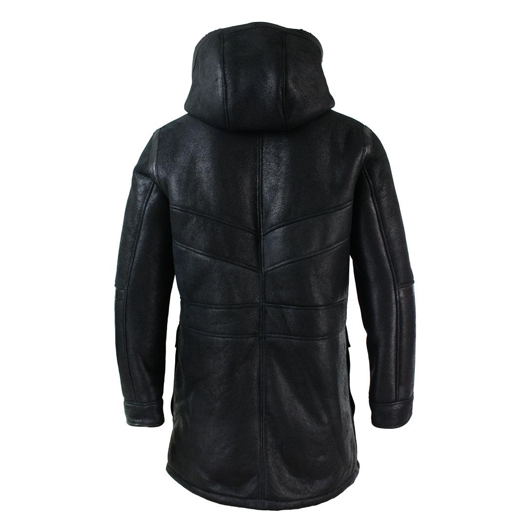 Mens Real Shearling Sheepskin 3/4 Hood Duffle Jacket Black Fur Warm Winter - Knighthood Store