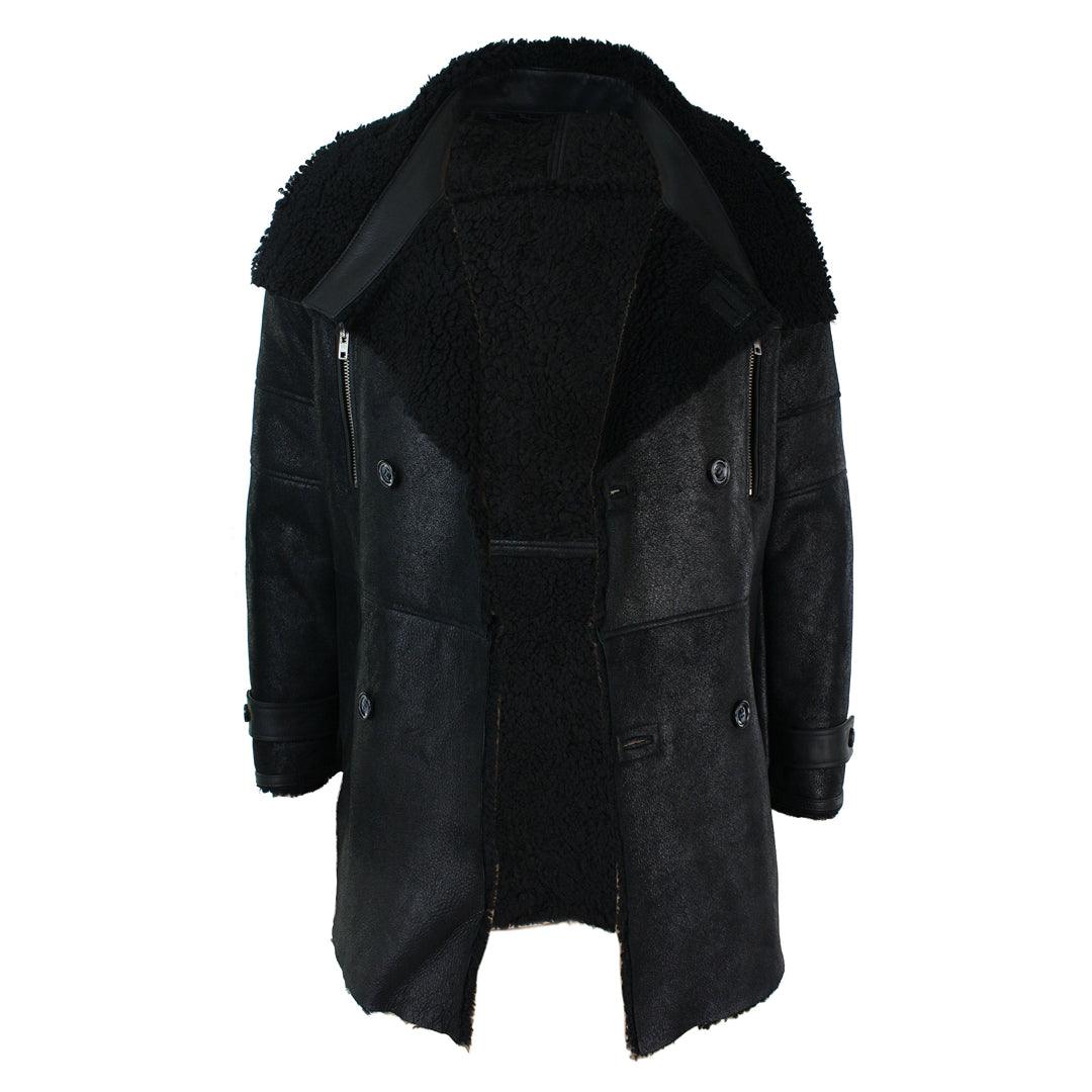 Mens Black 3/4 Military Real Sherling Sheepskin Batman Bane Double Breasted - Knighthood Store