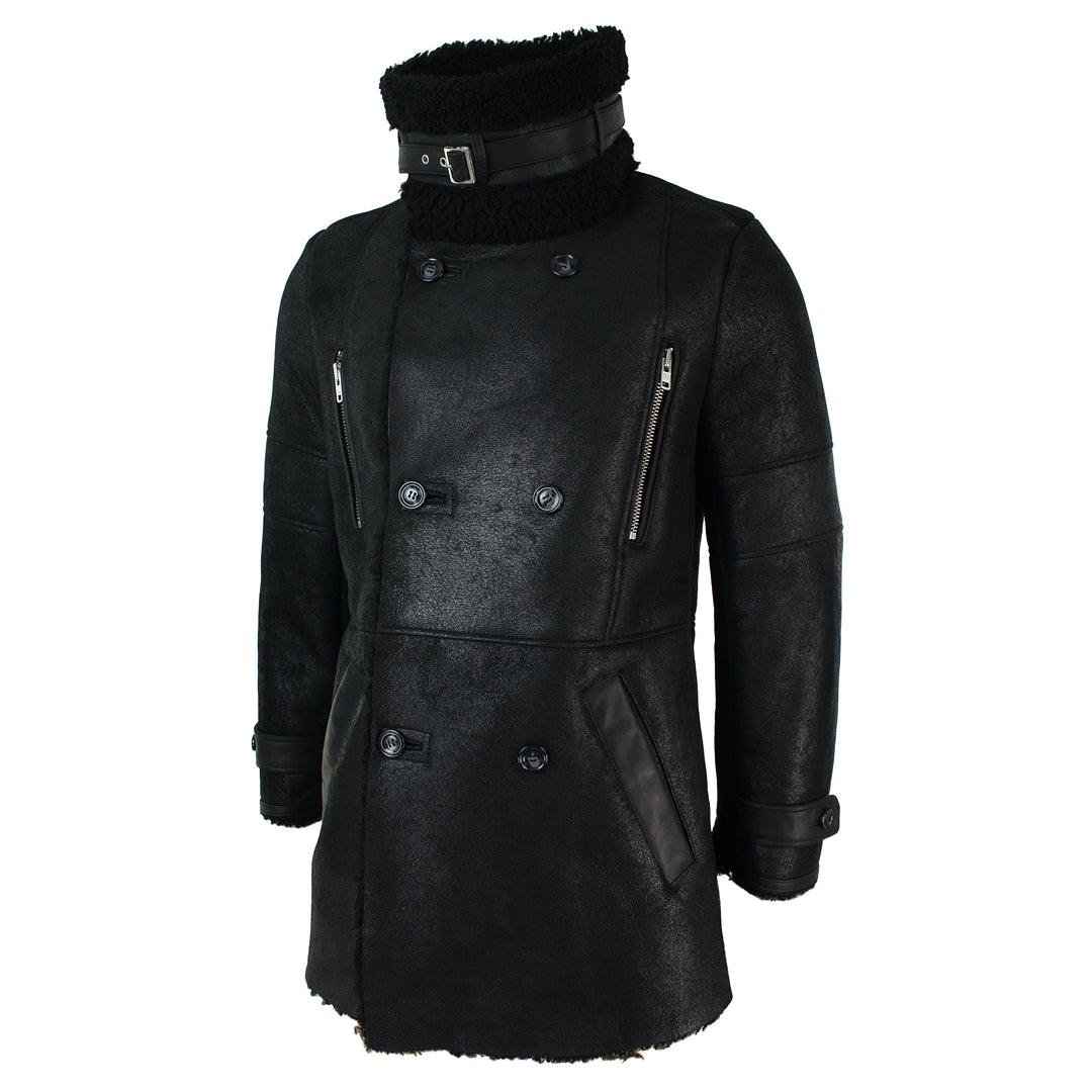 Mens Black 3/4 Military Real Sherling Sheepskin Batman Bane Double Breasted - Knighthood Store