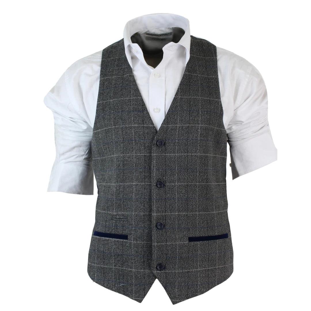 Mens Slim Fit Check Grey Tan Brown Waistcoat Smart Casual Tweed Check Navy - Knighthood Store