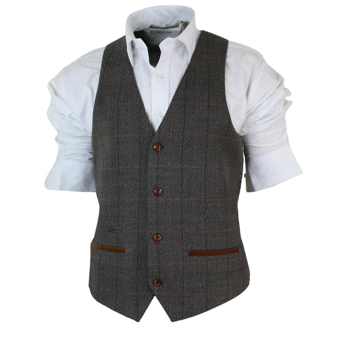 Mens Slim Fit Check Grey Tan Brown Waistcoat Smart Casual Tweed Check Navy - Knighthood Store