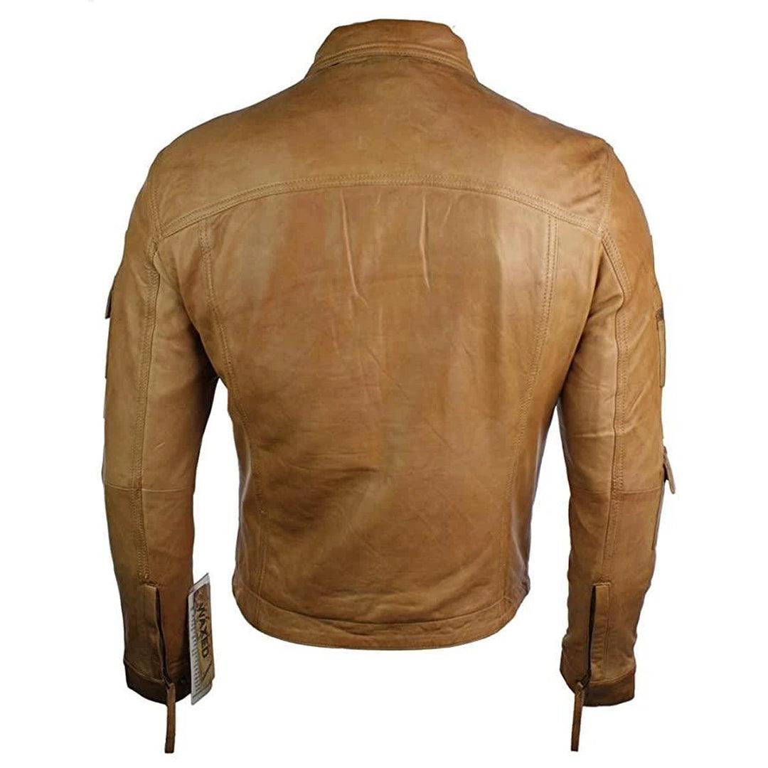 Mens Urban Vintage Short Saints Retro Leather Jacket Tan Brown Fitted Casual - Knighthood Store