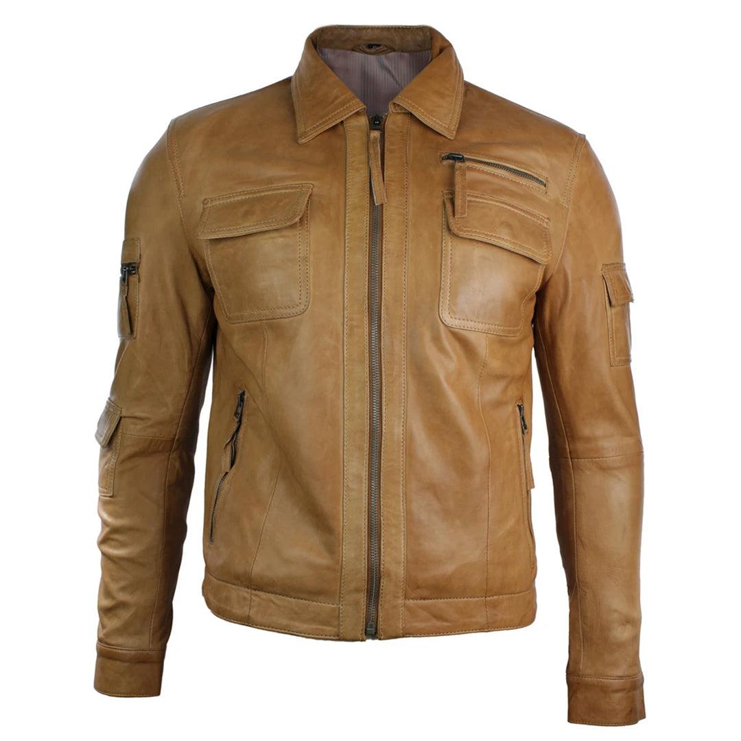 Mens Urban Vintage Short Saints Retro Leather Jacket Tan Brown Fitted Casual - Knighthood Store