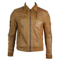 Mens Urban Vintage Short Saints Retro Leather Jacket Tan Brown Fitted Casual - Knighthood Store