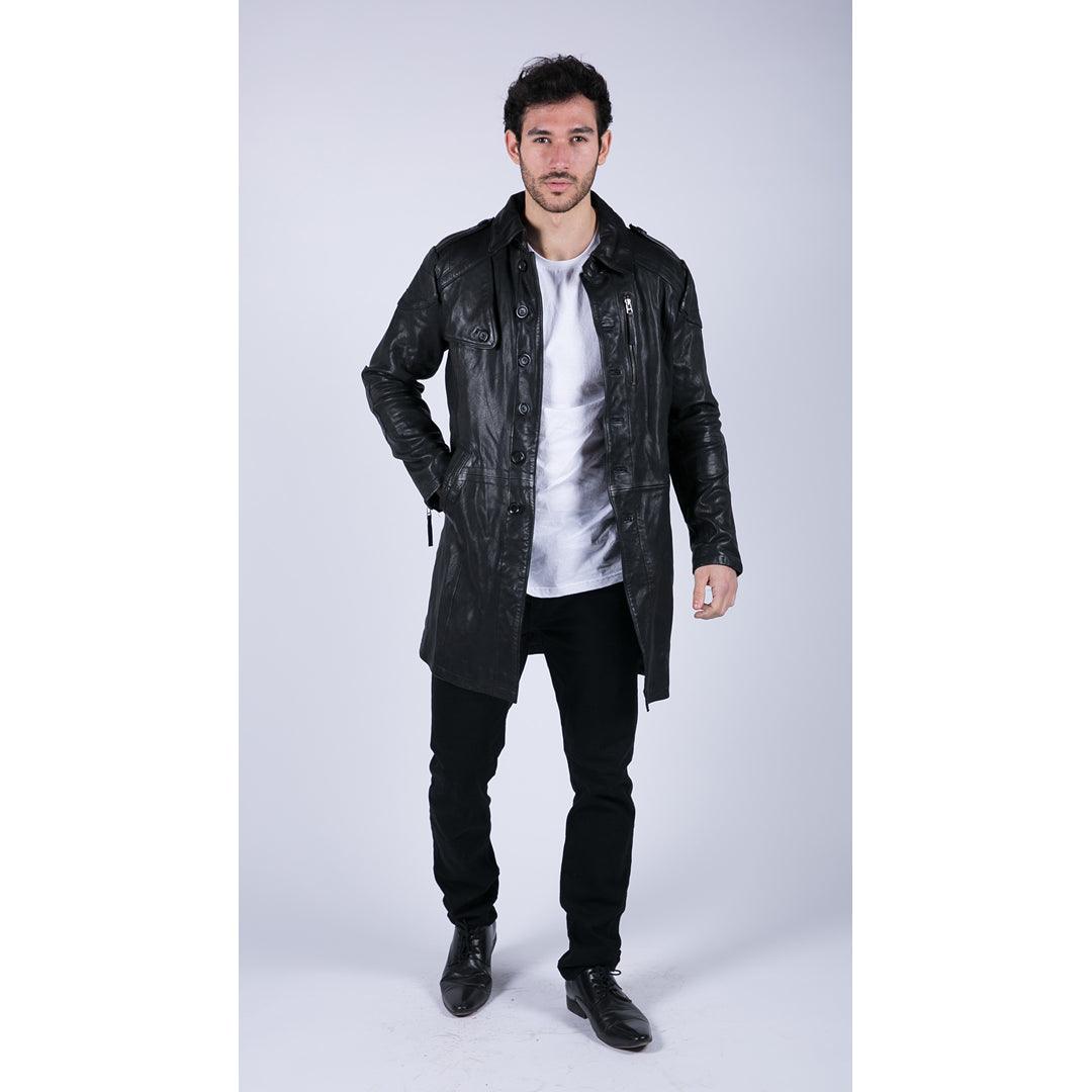 Mens Black Brown Real Leather Trench Coat Button Vintage 3/4 Casual - Knighthood Store