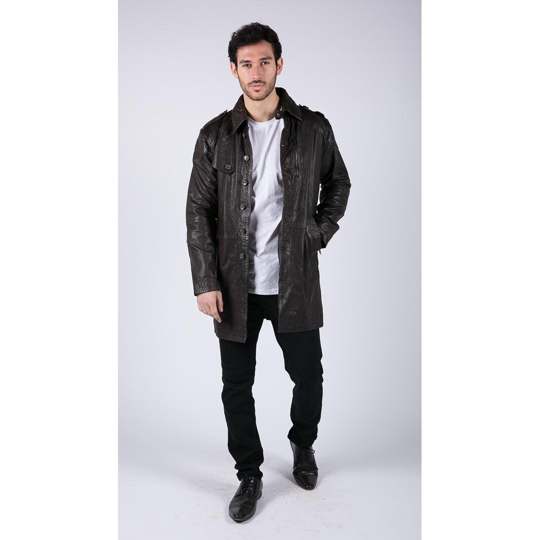 Mens Black Brown Real Leather Trench Coat Button Vintage 3/4 Casual - Knighthood Store