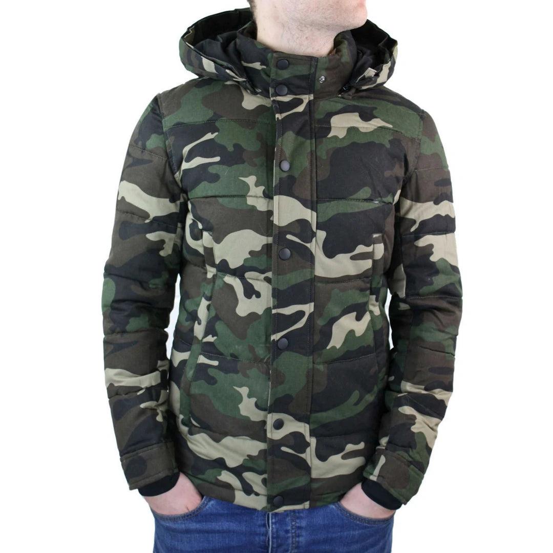 Mens Camo Camouflage Quilted Padded Puffer Jacket Hood Fur Removable - Knighthood Store