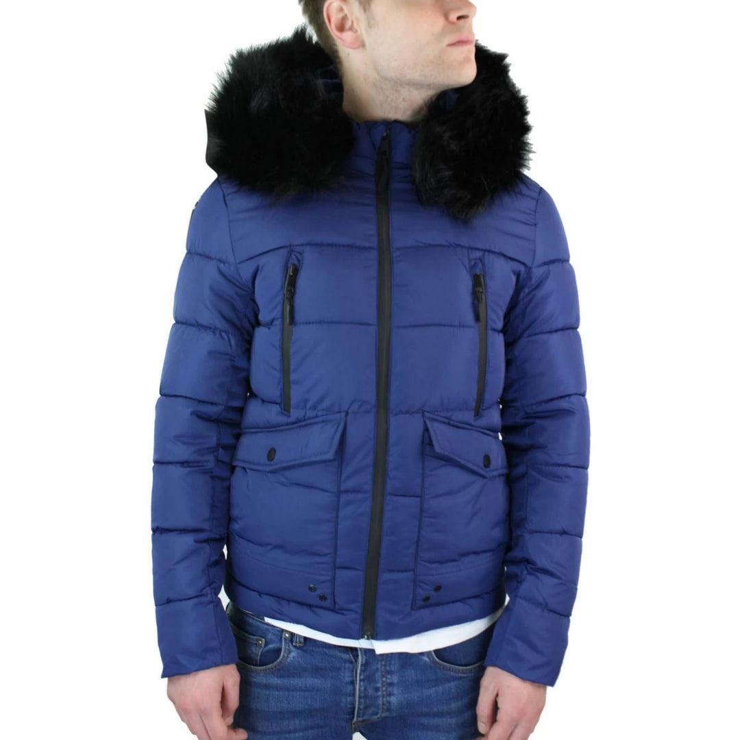 Mens Zip Hooded Fur Jacket Coat Puffer Quilted Warm Winter - Knighthood Store