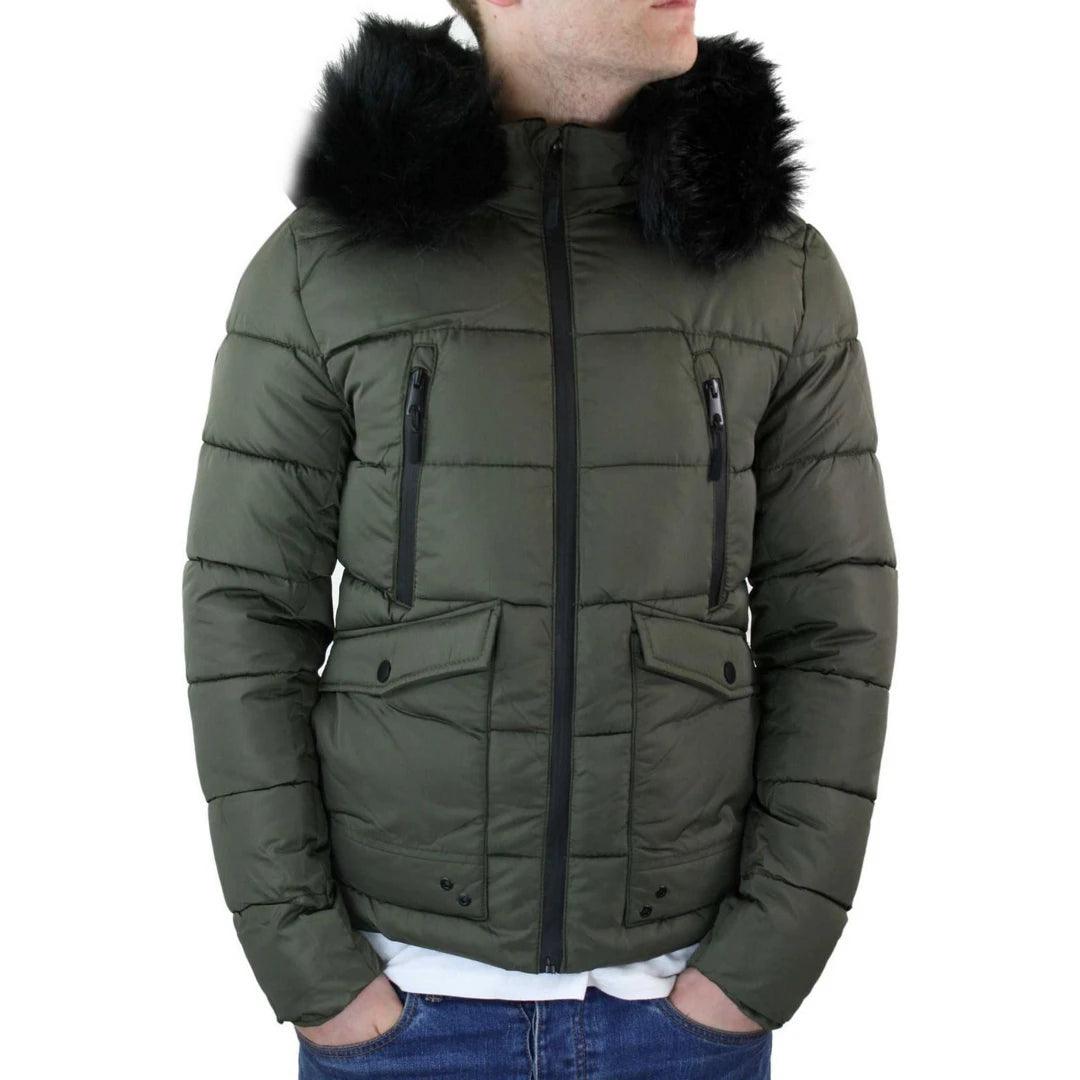 Mens Zip Hooded Fur Jacket Coat Puffer Quilted Warm Winter - Knighthood Store