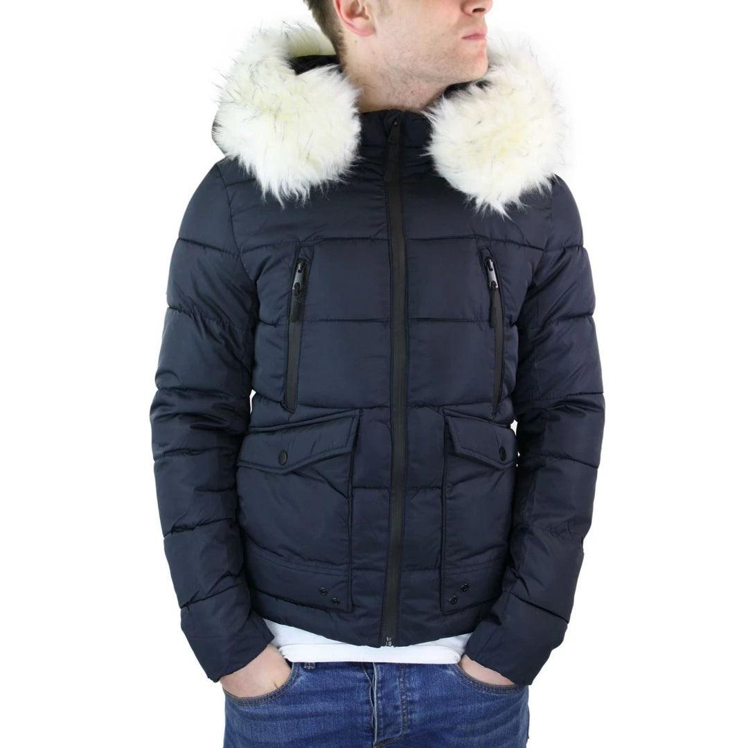 Mens Zip Hooded Fur Jacket Coat Puffer Quilted Warm Winter - Knighthood Store