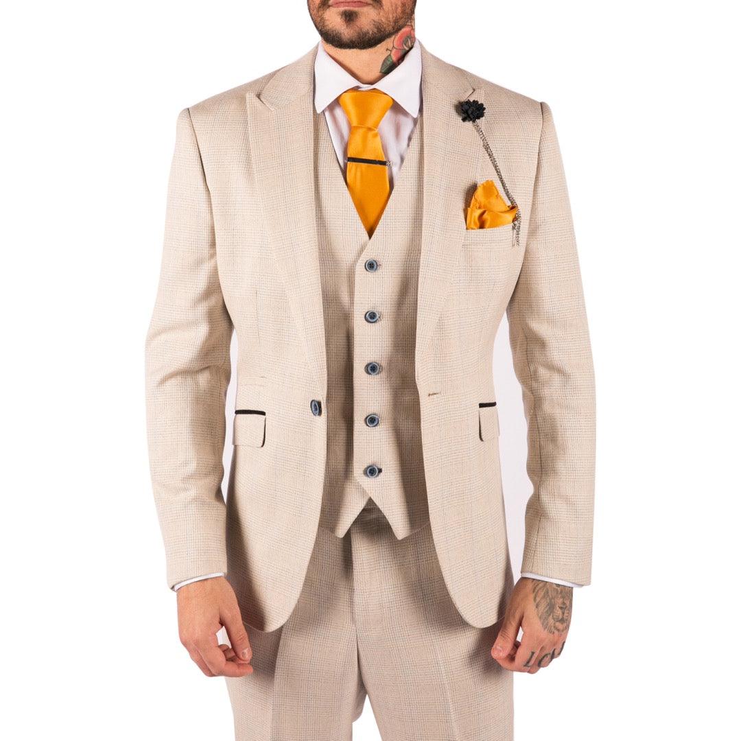 Mens 3 Piece Suit Tweed Cream Black Tailored Fit Wedding Classic - Knighthood Store