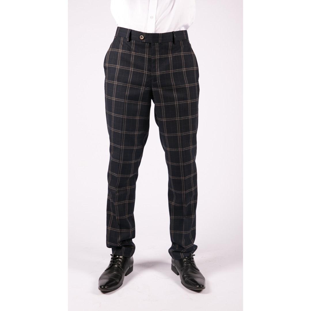 Mens Navy Blue Tan Prince Of Wales Check Trousers Regular Length Tailored Fit - Knighthood Store