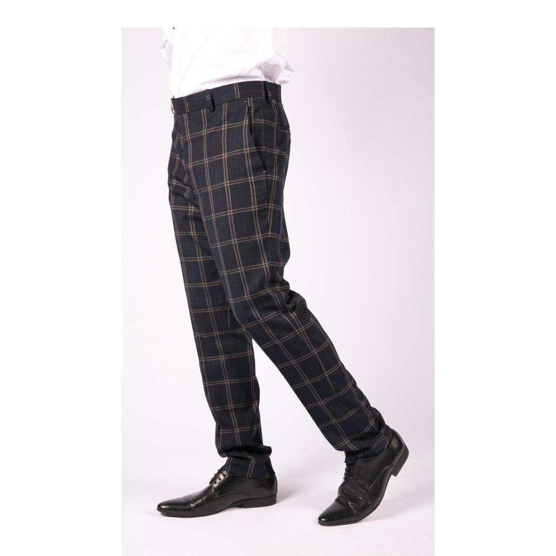 Mens Navy Blue Tan Prince Of Wales Check Trousers Regular Length Tailored Fit - Knighthood Store