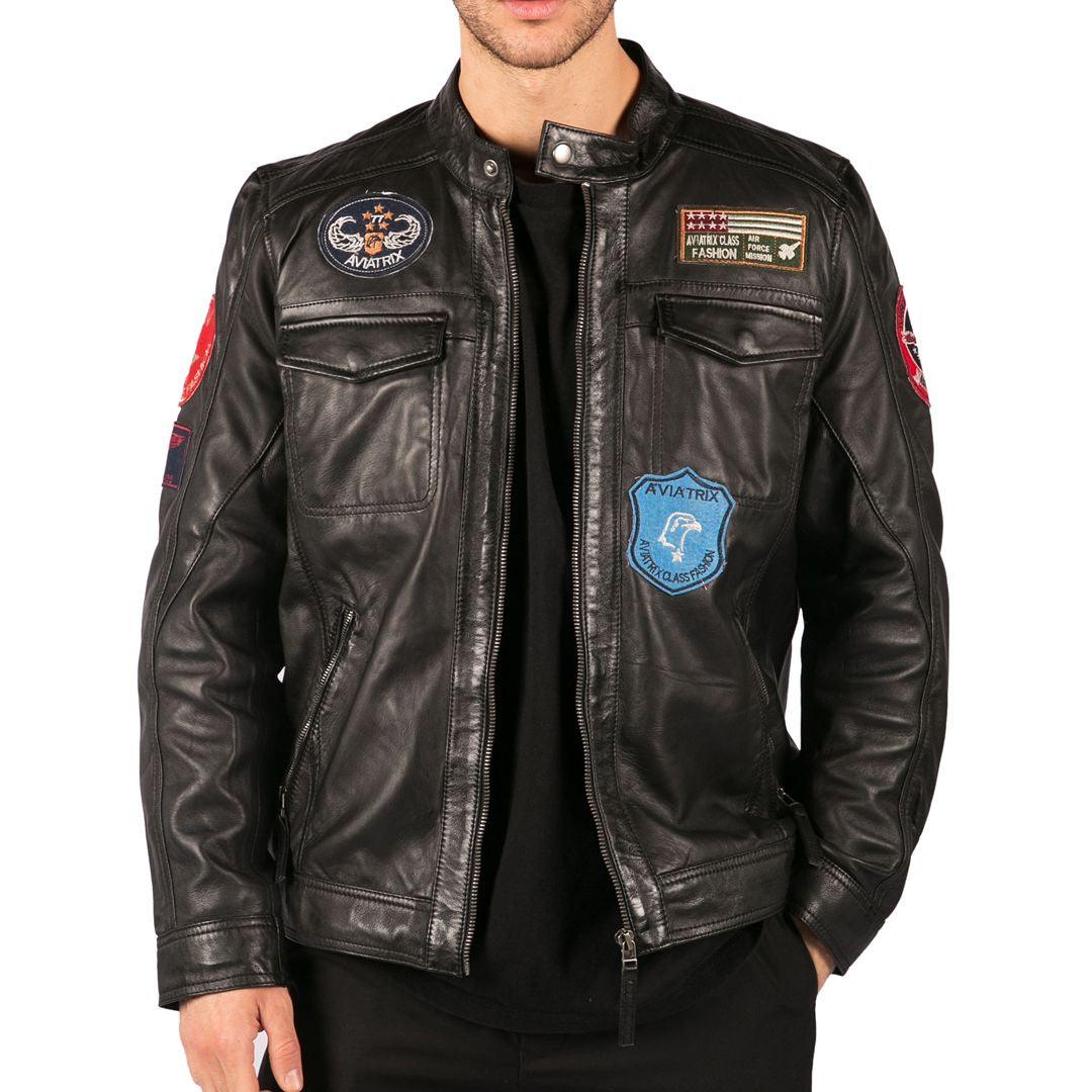 Mens Black Real Leather Zip Jacket Badge Design Racing US Pilot Casual - Knighthood Store