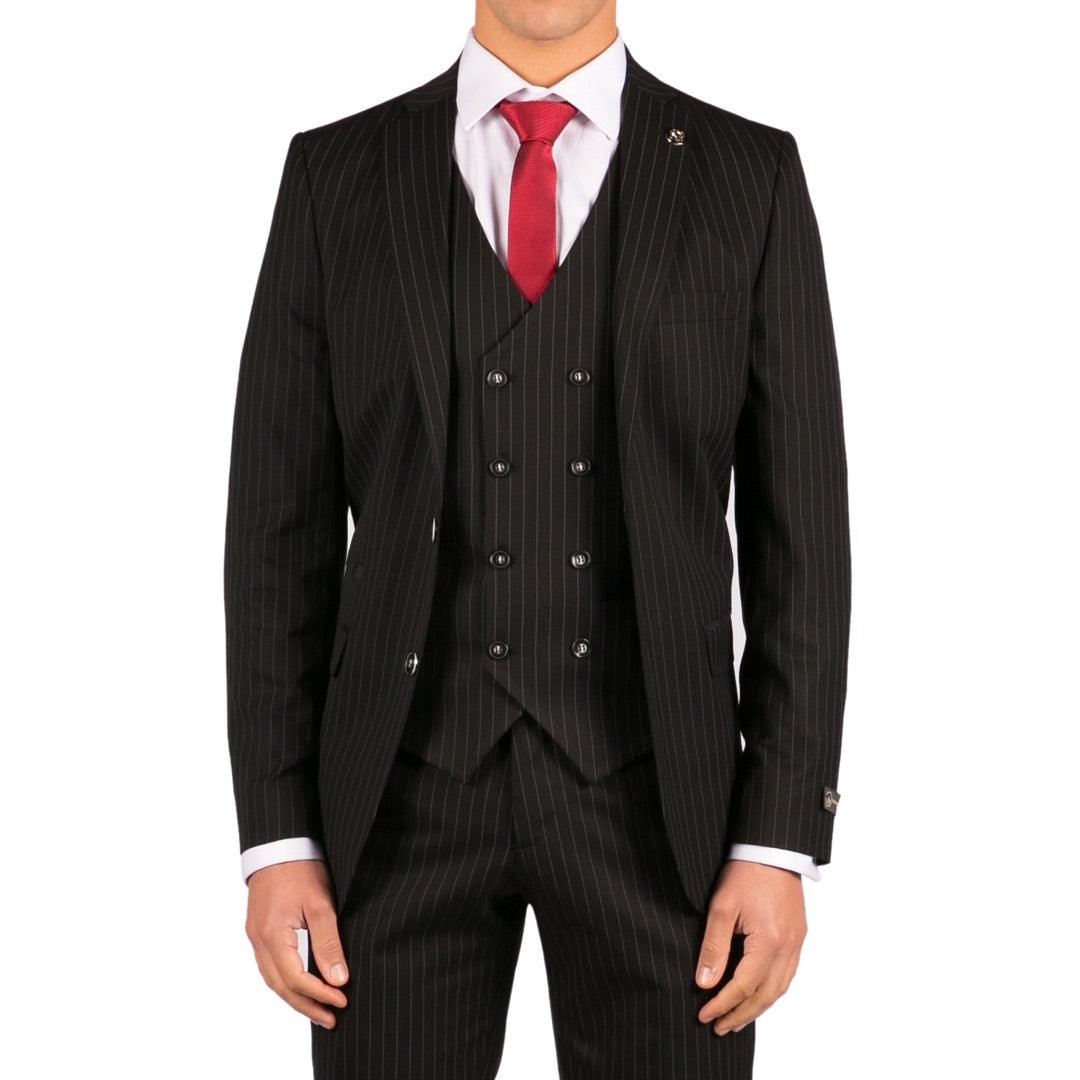 Mens 3 Piece Black Suit Gatsby 1920s Gangster Pinstripe Tailored Fit - Knighthood Store