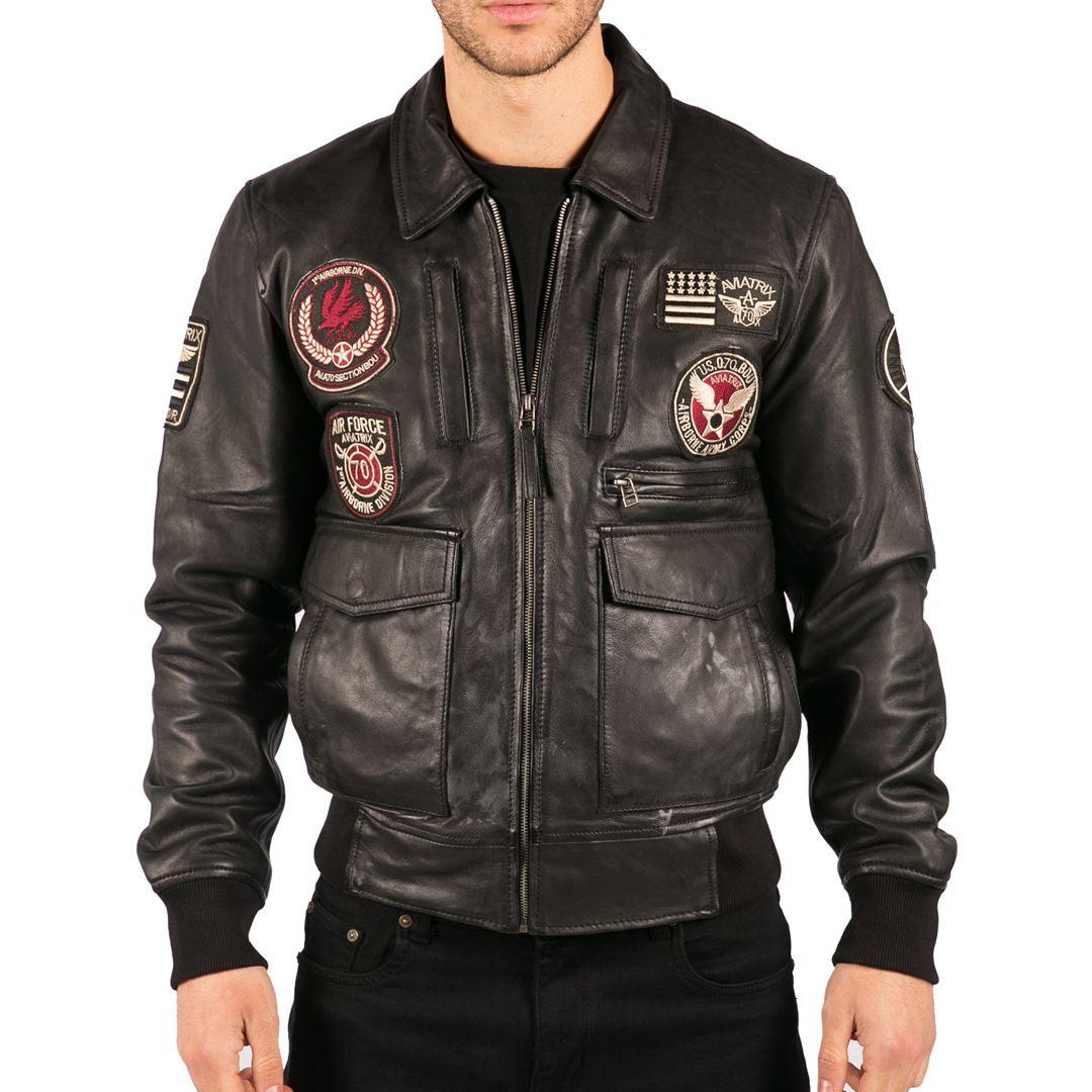 Mens Real Leather Black Bomber Badge Air Force Pilot Flying Jacket - Knighthood Store