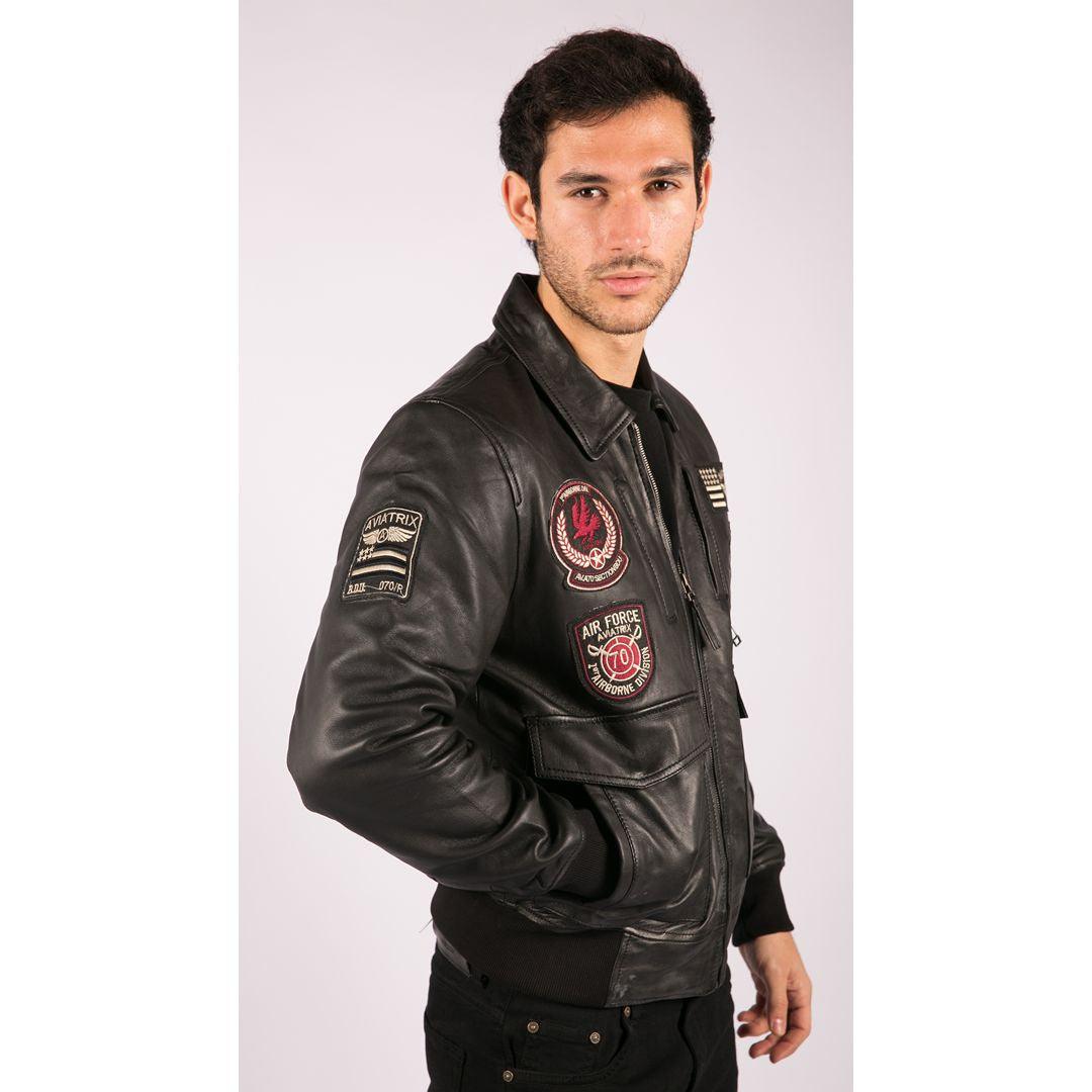 Mens Real Leather Black Bomber Badge Air Force Pilot Flying Jacket - Knighthood Store