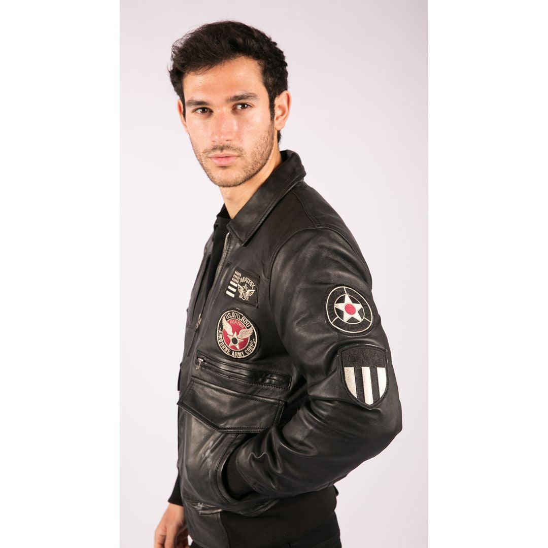 Mens Real Leather Black Bomber Badge Air Force Pilot Flying Jacket - Knighthood Store