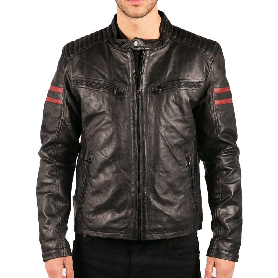 Mens Real Leather Biker Racing Jacket Red Stripes Zip Retro Casual Black Short - Knighthood Store