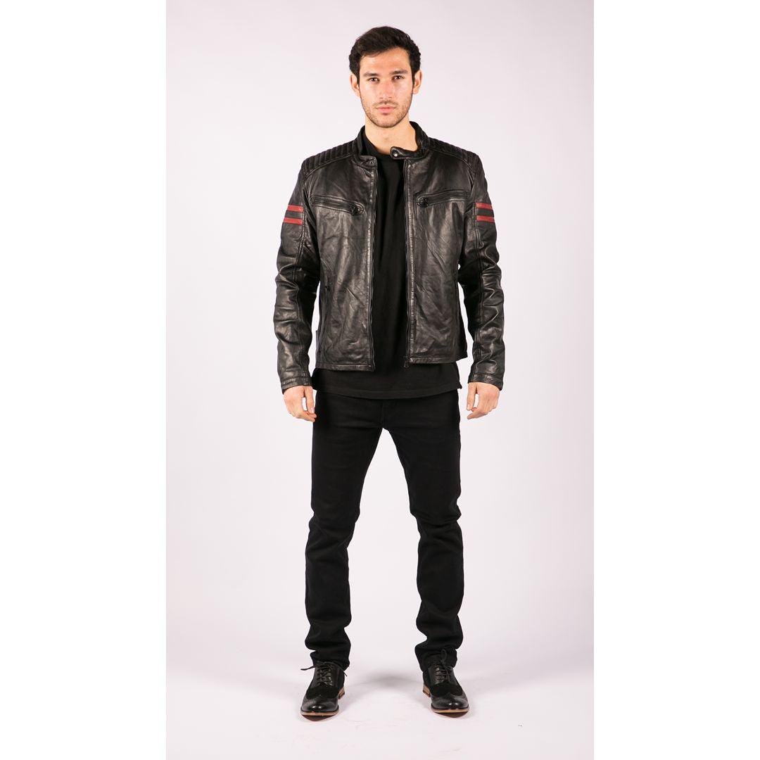 Mens Real Leather Biker Racing Jacket Red Stripes Zip Retro Casual Black Short - Knighthood Store