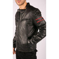 Mens Real Leather Biker Racing Jacket Red Stripes Zip Retro Casual Black Short - Knighthood Store