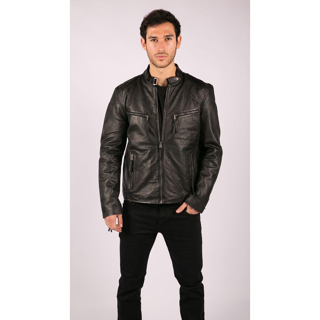 Mens Real Leather Jacket Biker Style Vintage Black Zipped Pockets Casual Fitted - Knighthood Store
