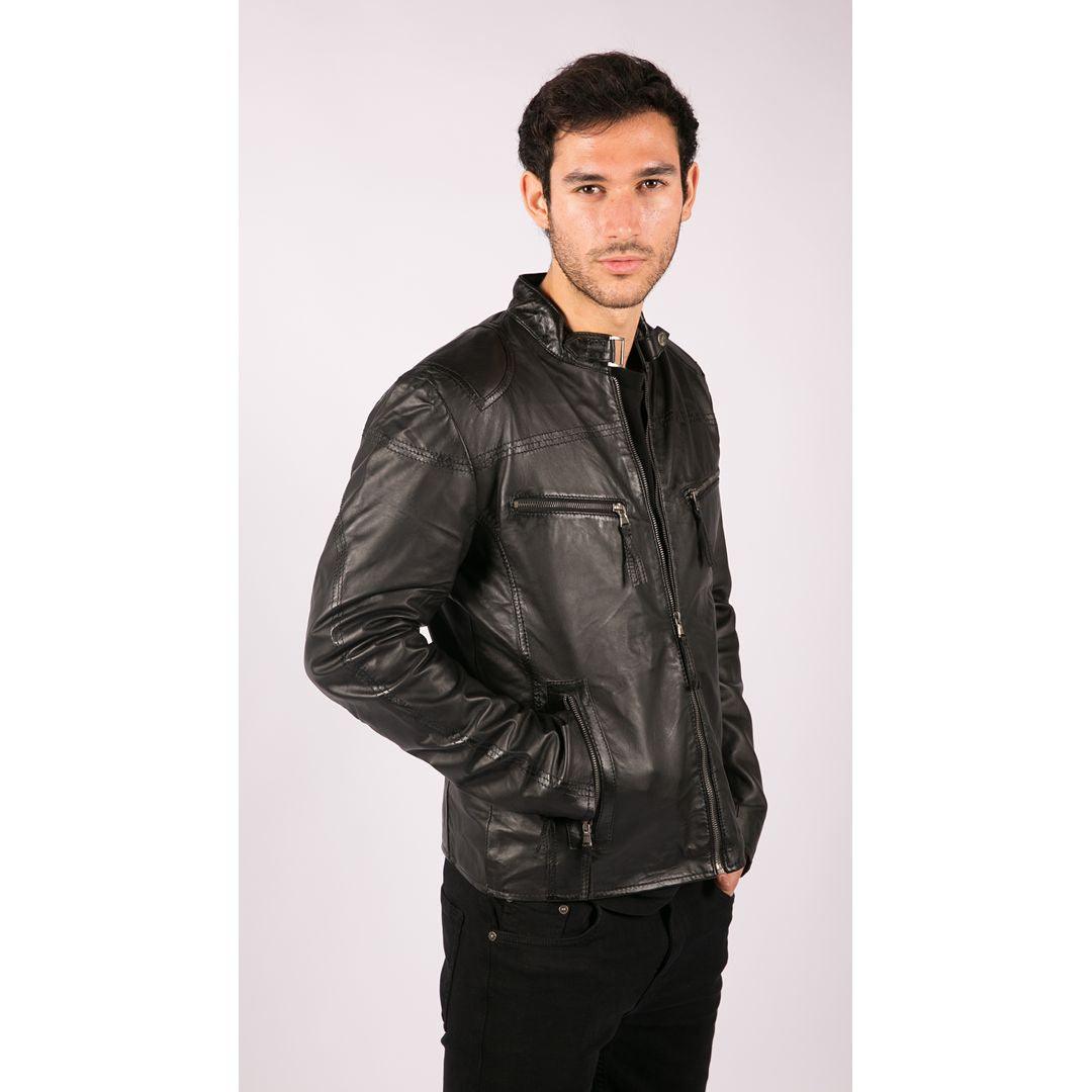 Mens Real Leather Jacket Biker Style Vintage Black Zipped Pockets Casual Fitted - Knighthood Store