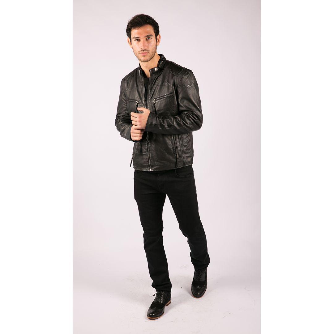 Mens Real Leather Jacket Biker Style Vintage Black Zipped Pockets Casual Fitted - Knighthood Store