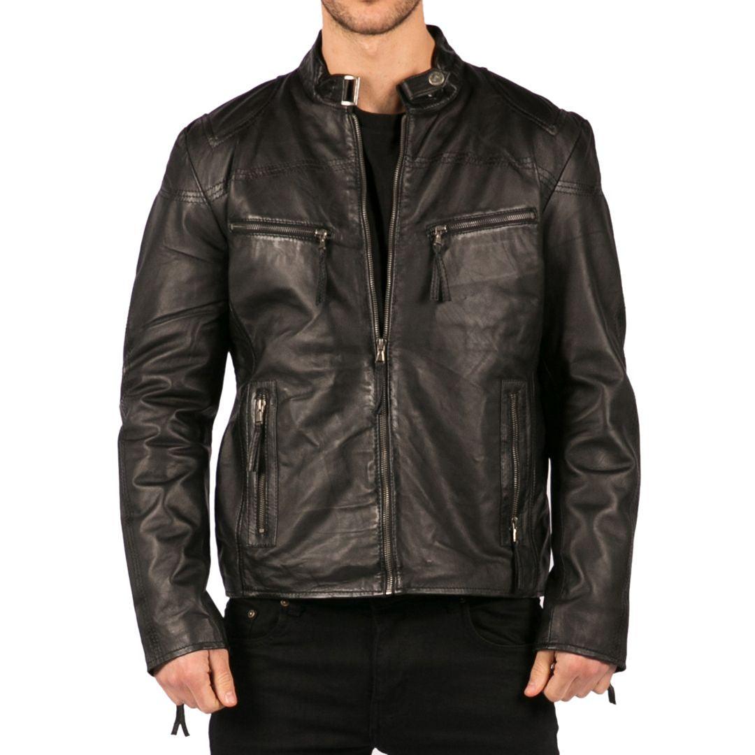 Mens Real Leather Jacket Biker Style Vintage Black Zipped Pockets Casual Fitted - Knighthood Store