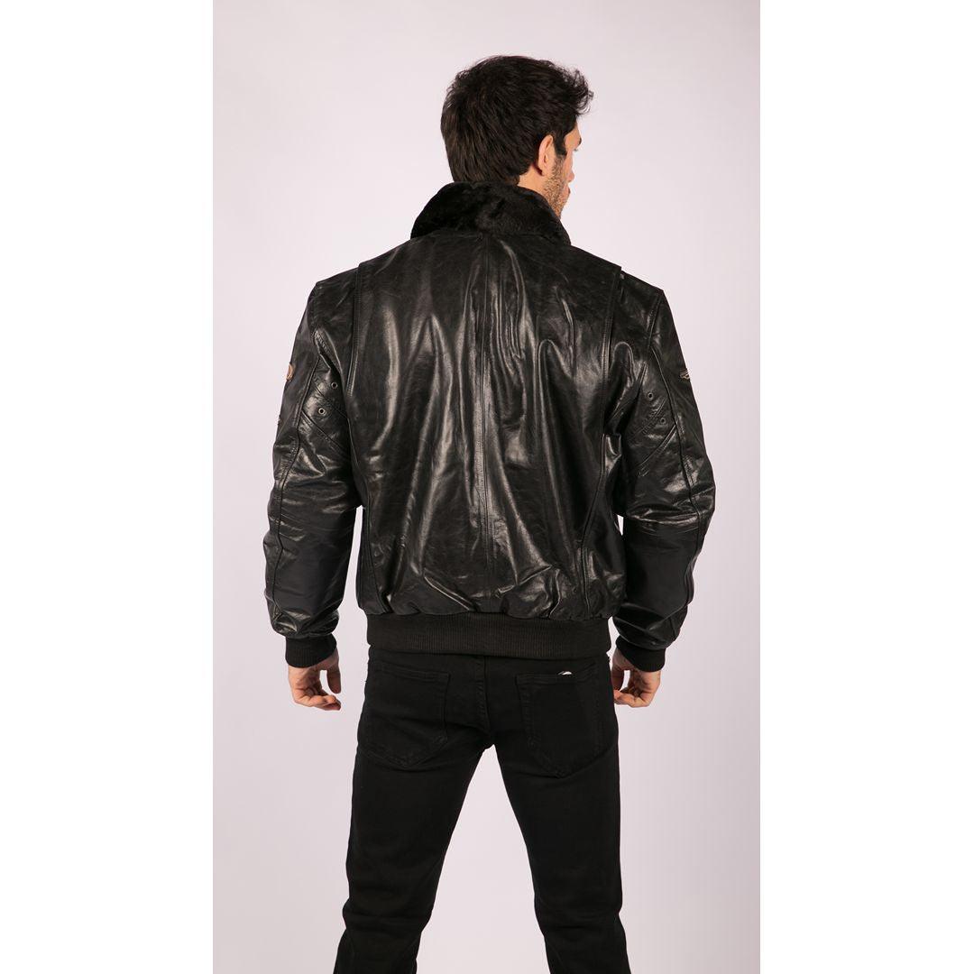 Mens Black Real Leather Bomber Aviator Badge Design Pilot Jacket Removable Fur Collar - Knighthood Store