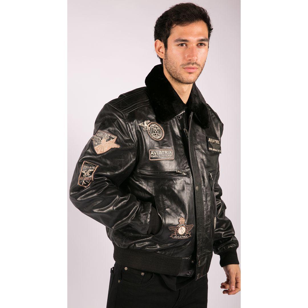 Mens Black Real Leather Bomber Aviator Badge Design Pilot Jacket