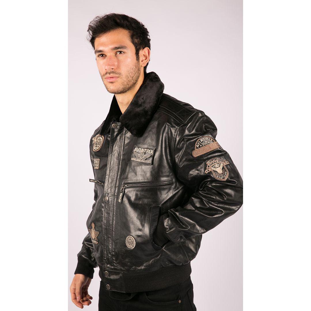 Mens Black Real Leather Bomber Aviator Badge Design Pilot Jacket Removable Fur Collar - Knighthood Store