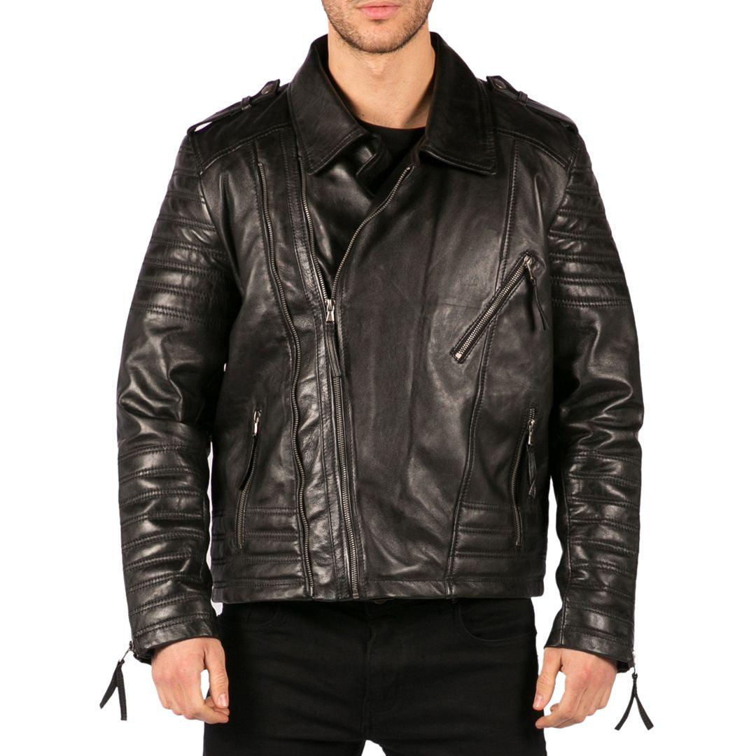 Mens Cross Zip Vintage Retro Biker Jacket Black Real Leather Urban Slim Fit - Knighthood Store