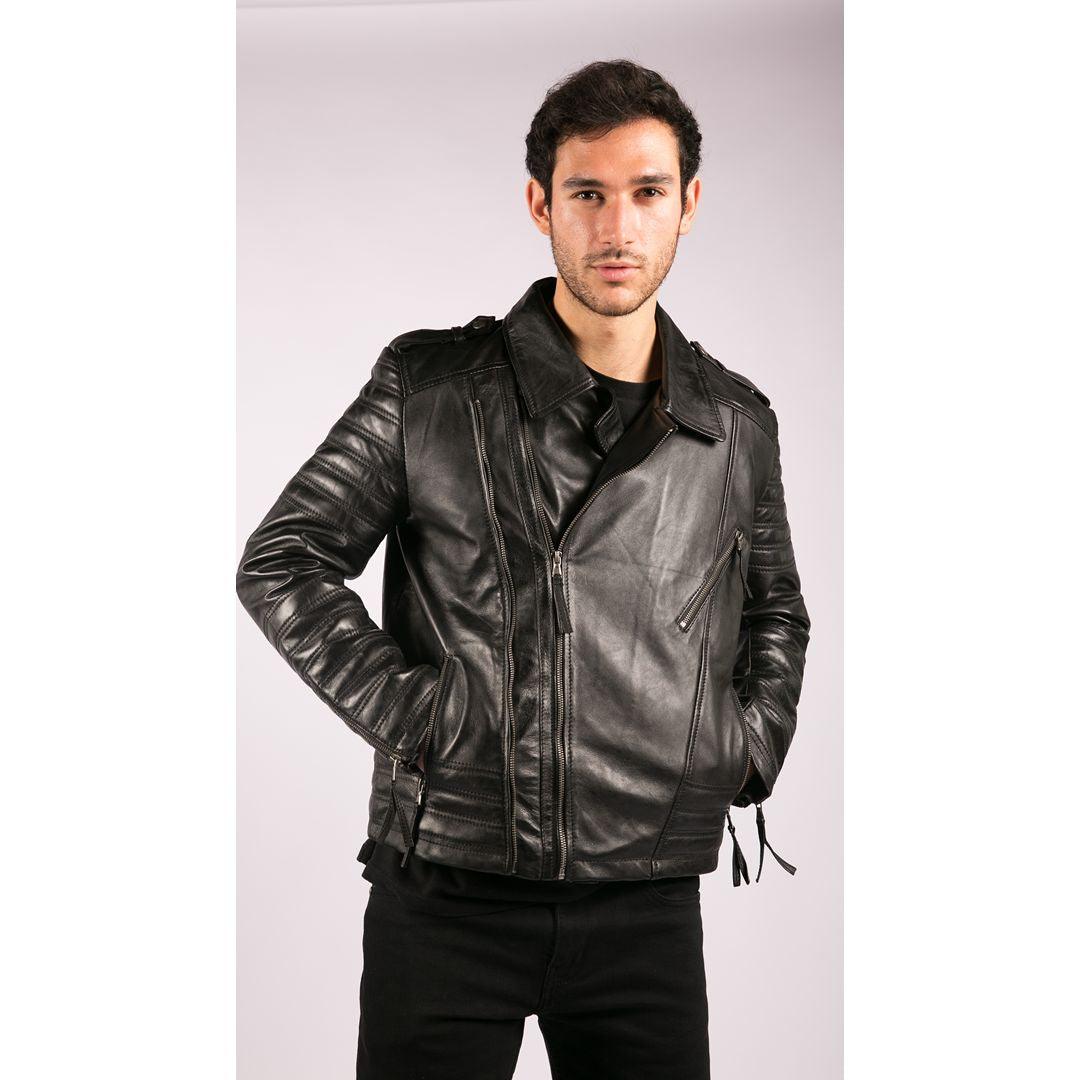 Mens Cross Zip Vintage Retro Biker Jacket Black Real Leather Urban Slim Fit - Knighthood Store
