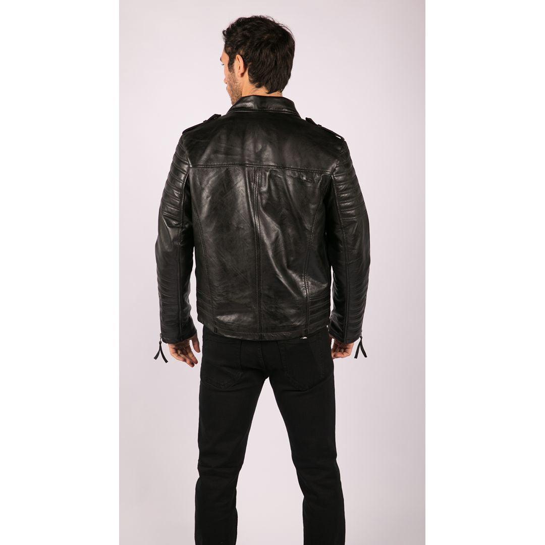 Mens Cross Zip Vintage Retro Biker Jacket Black Real Leather Urban Slim Fit - Knighthood Store