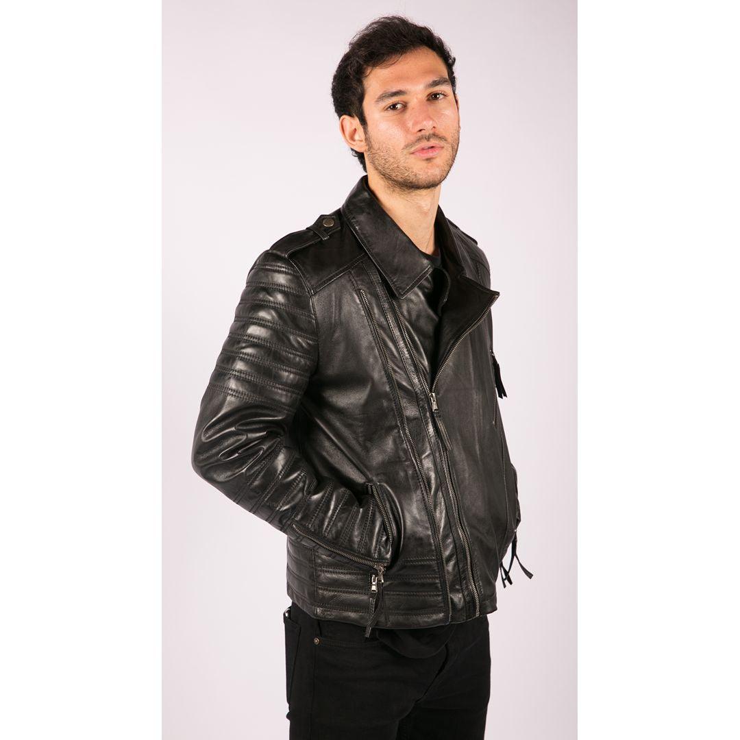 Mens Cross Zip Vintage Retro Biker Jacket Black Real Leather Urban Slim Fit - Knighthood Store
