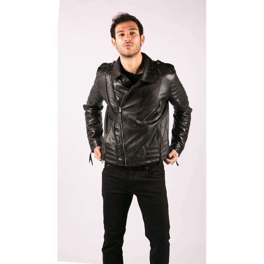 Mens Cross Zip Vintage Retro Biker Jacket Black Real Leather Urban Slim Fit - Knighthood Store