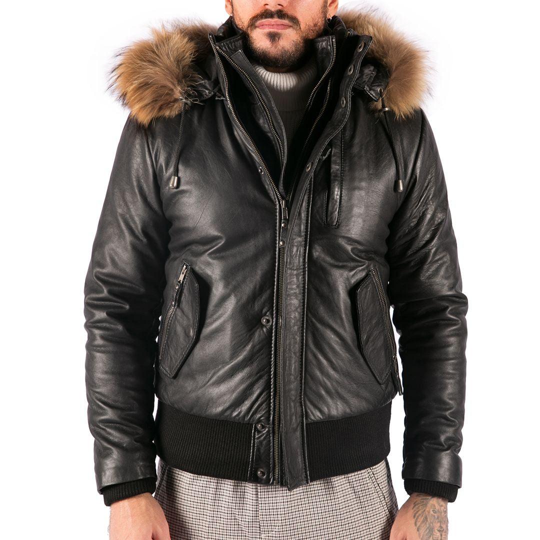 Mens Real Fur Hood Bomber Leather Jacket Black Puffer Padded - Knighthood Store