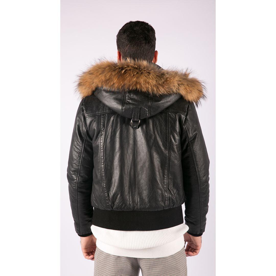 Mens Real Fur Hood Bomber Leather Jacket Black Puffer Padded - Knighthood Store