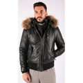 Mens Real Fur Hood Bomber Leather Jacket Black Puffer Padded - Knighthood Store