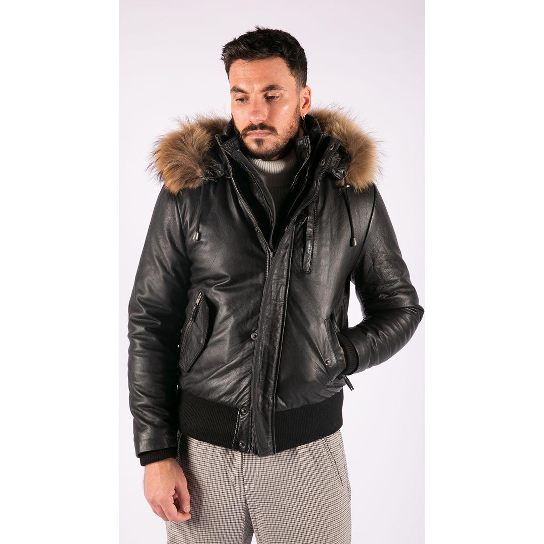 Mens Real Fur Hood Bomber Leather Jacket Black Puffer Padded - Knighthood Store