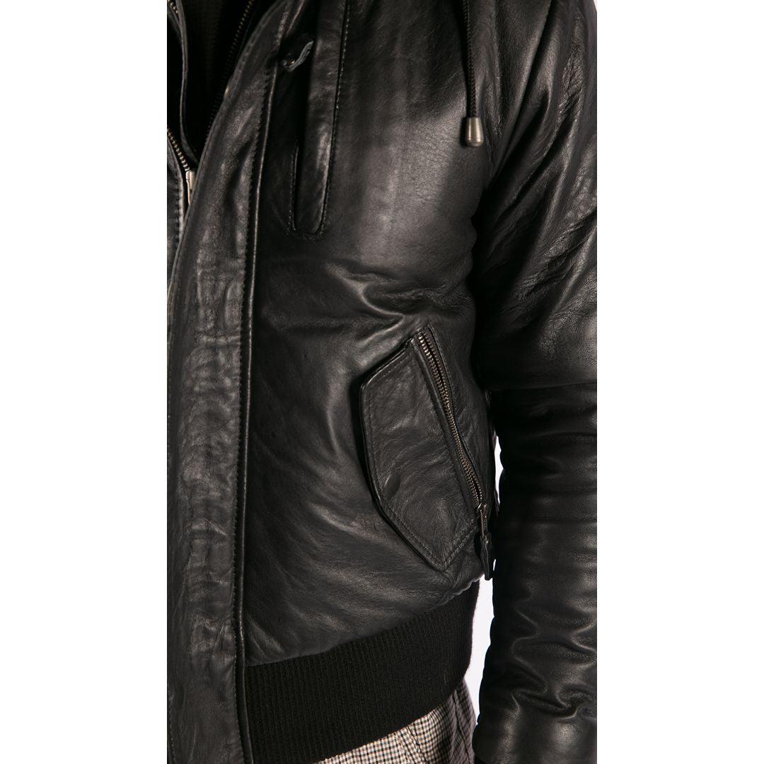 Mens Real Fur Hood Bomber Leather Jacket Black Puffer Padded - Knighthood Store