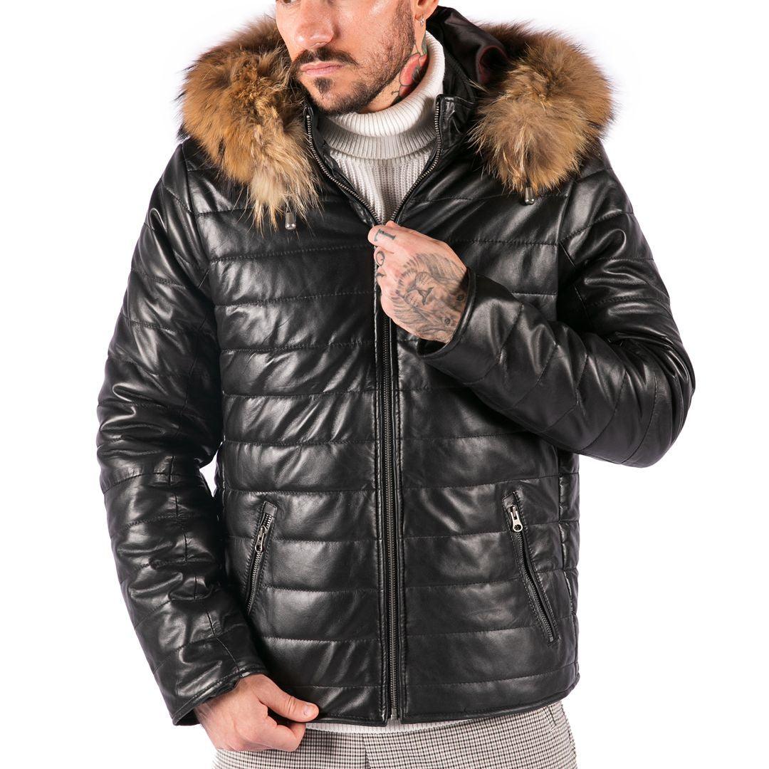 Mens Real Leather Black Puffer Jacket With Hood Retro Casual Warm Zipped - Knighthood Store