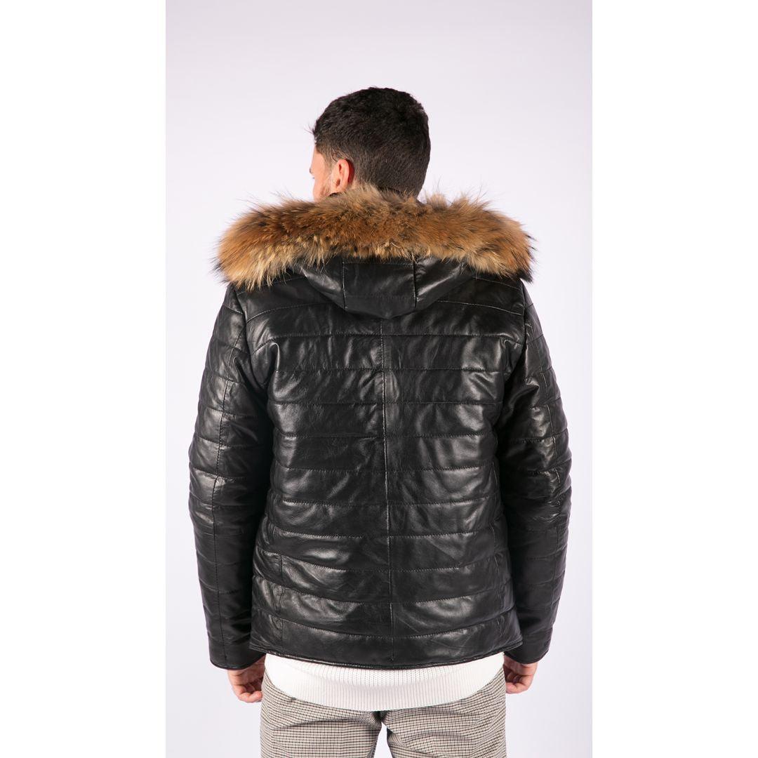 Mens Real Leather Black Puffer Jacket With Hood Retro Casual Warm Zipped - Knighthood Store