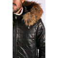 Mens Real Leather Black Puffer Jacket With Hood Retro Casual Warm Zipped - Knighthood Store