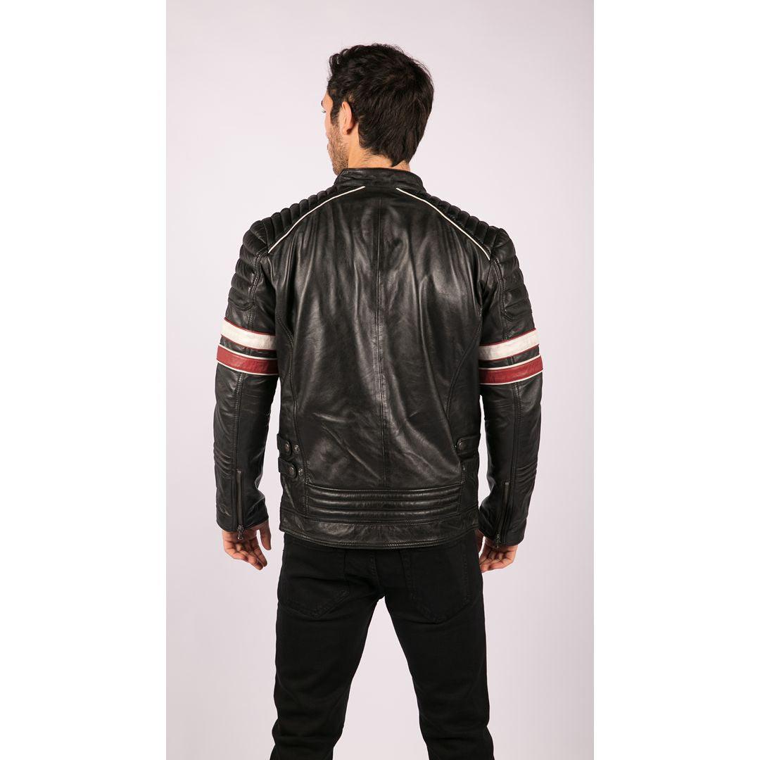 Black leather jacket with red and white stripes hotsell