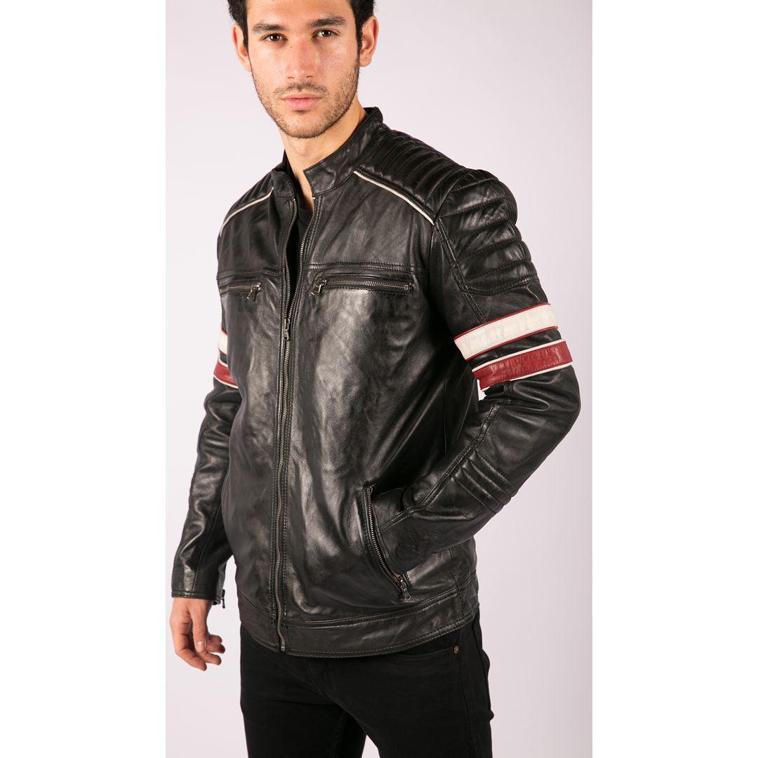 Mens Black Racing Biker Jacket Red White Stripes Real Leather Casual Fit - Knighthood Store