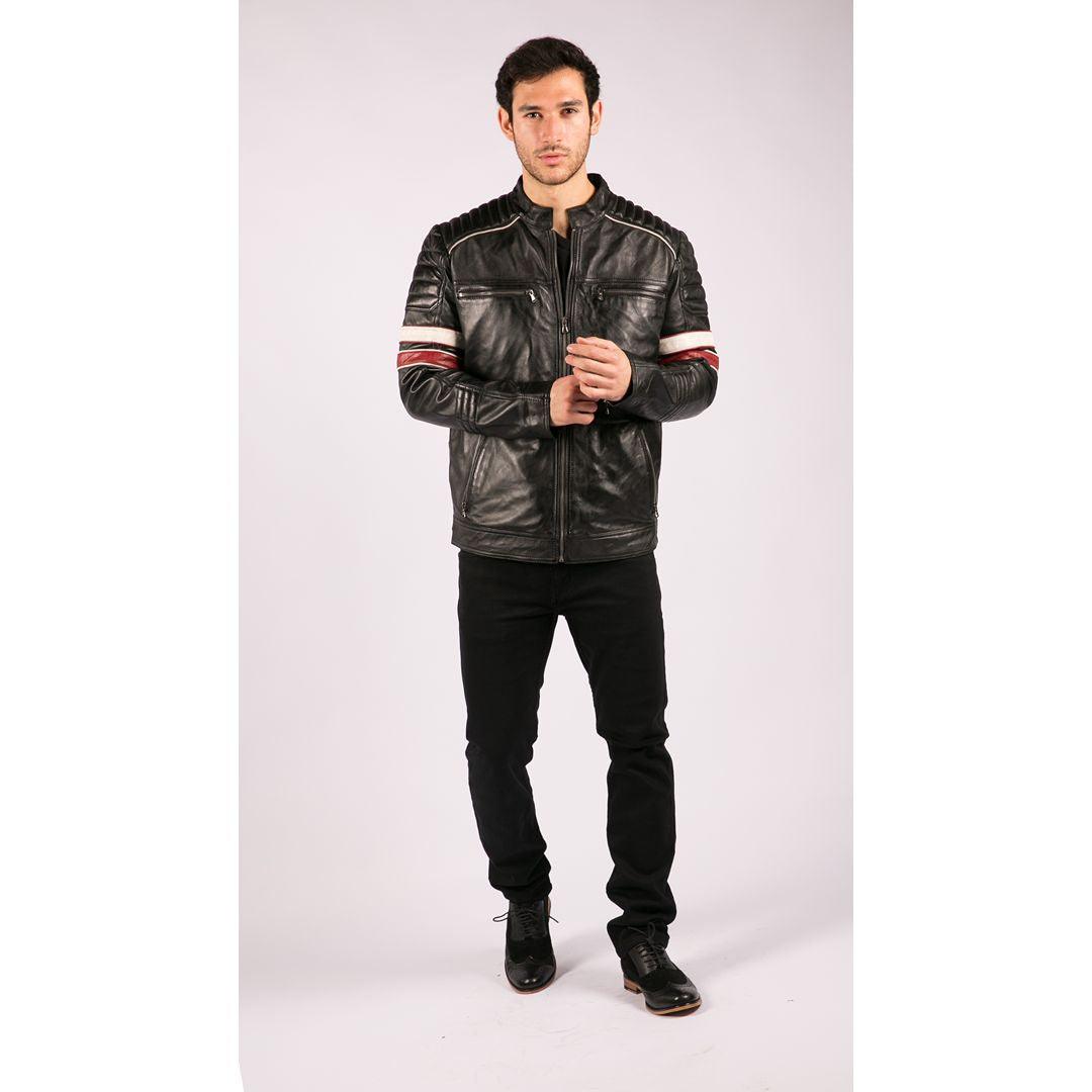 Mens Black Racing Biker Jacket Red White Stripes Real Leather Casual Fit - Knighthood Store